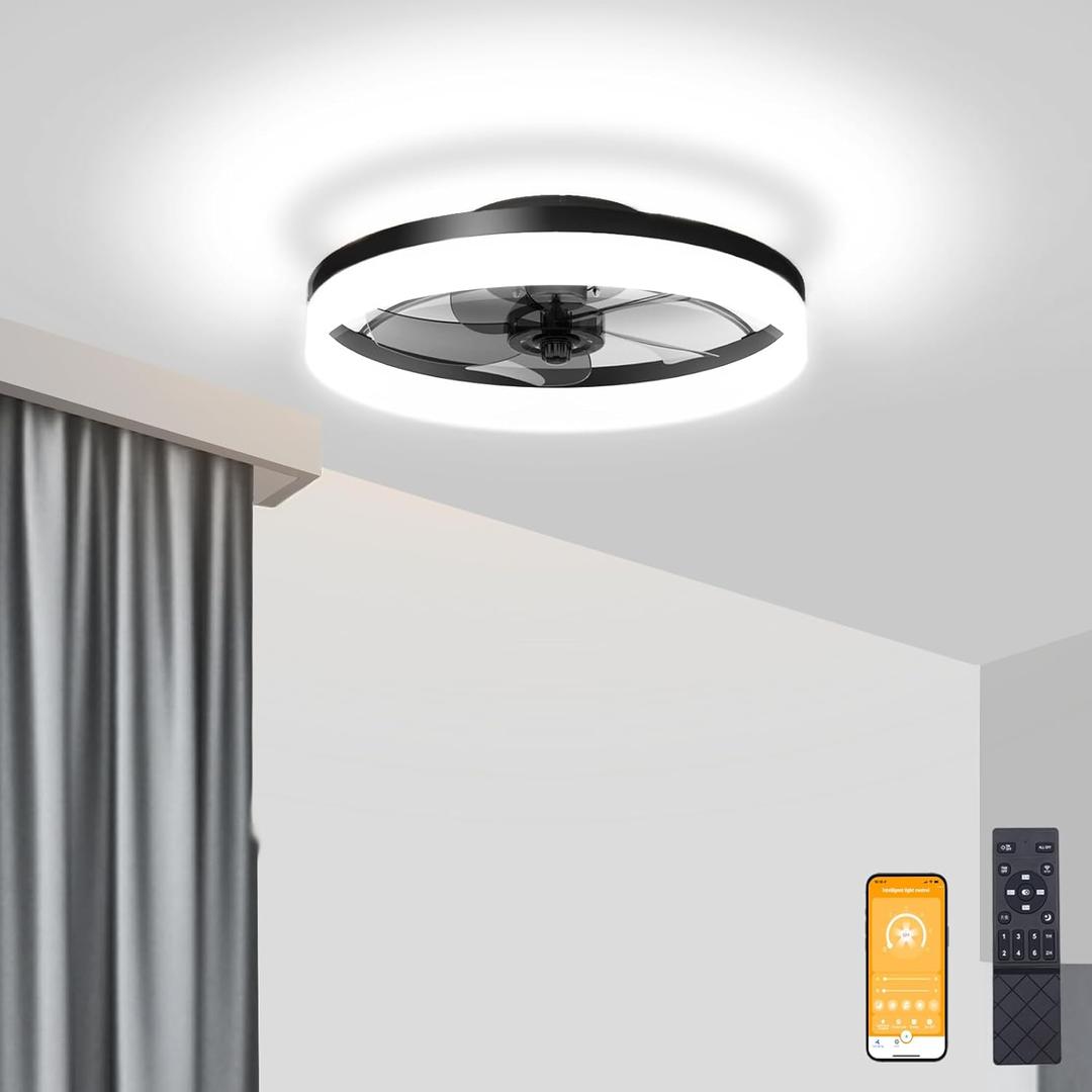 VOLISUN Low Profile Ceiling Fans with Lights and Remote, Fandelier Ceiling Fan Flush Mount, 3000K-6500K Smart Bladeless LED Fan Light, Black Modern Ceiling Fans with Lights for Bedroom (19.7 INCH)