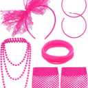 Blulu 80s Costume Accessories for Women Lace Headband Earrings Fishnet Gloves Necklace Bracelet for 80s Retro Party (Rose Red)