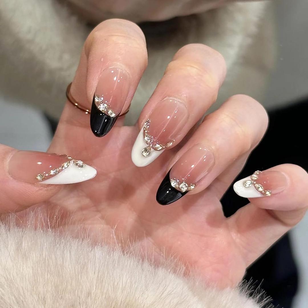 MERVF Almond Medium Press on Nails - White Black French Tip Fake Acrylic Nails, Rhinestones Design Wedding Glossy Finish 24pcs