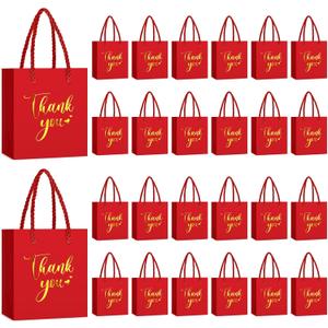 Honoson 30 Pcs Mini Gift Bag with Handle 4 x 2.75 x 4.5'' Small Thank You Bag Foil Paper Tote for Wedding Baby Shower Birthday Graduation and Mothers Day Party Favors(Red/Gold)