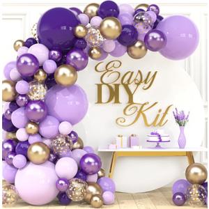 ALL-IN-1 Purple and Gold Balloon Arch & Garland Kit  Small and Large Purple Gold Balloons with Confetti  Lavender, Dark Purples, Pastel Purples Lilac Party Decorations for Birthday and Graduation
