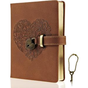 Mazeran Lock Journal, Heart Shaped Locking Leather Floral Embossing Hard Cover Gold Gild Edge Notebook Travel Diary, B6 Lined Lock with Key Personal Planner Organizer Gift for Girls Women Wife