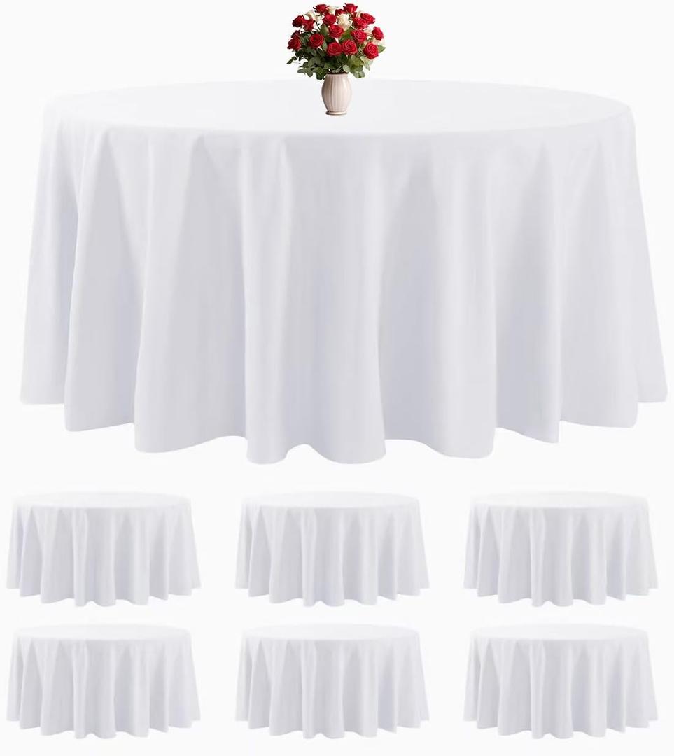 6 Pack White Round Tablecloths 120 Inches Table Cloth Stain and Wrinkle Resistant Washable Polyester Table Cover Fabric for Party, Wedding,Dining,and Banquet Decoration