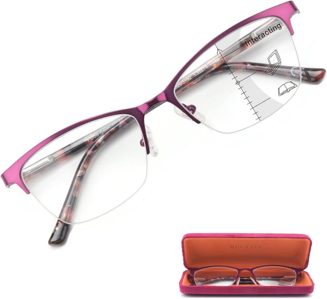 Missfive Premium Progressive Multifocus Metal Reading Glasses Women & A Hard Case, No Line Multifocal Computer Readers with No Broken Spring Hinge, Workspace for Near Range +1.25