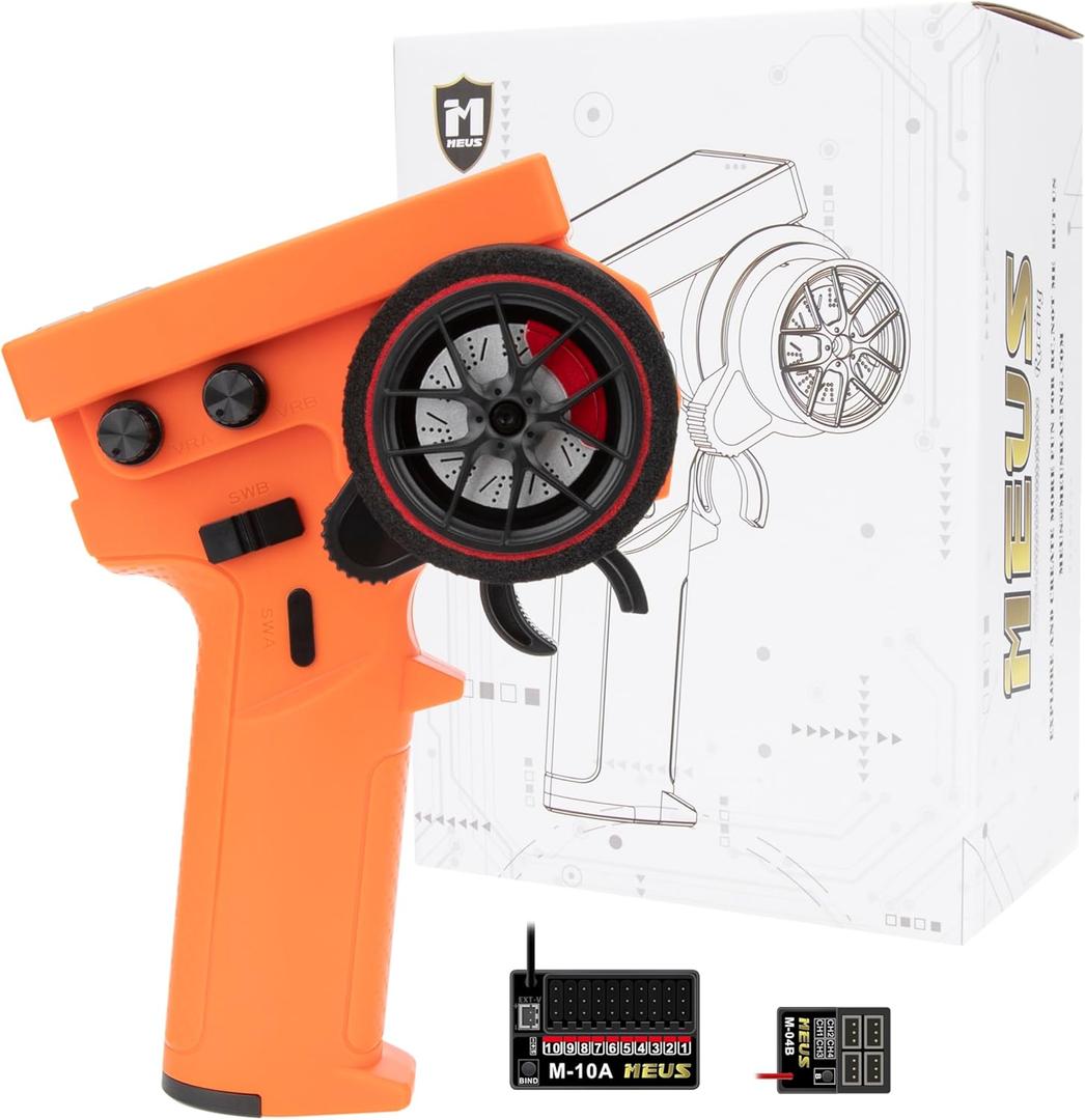 MEUS RACING ME-10B RC Transmitter 10 Channels 2.4GHz and Receiver with Coach Mode for 1/8 1/10 1/18 1/24 RC Crawler Car Boat TRX4 TRX4M SCX10 SCX24 Upgrades Parts (Orange - 2 Receivers)