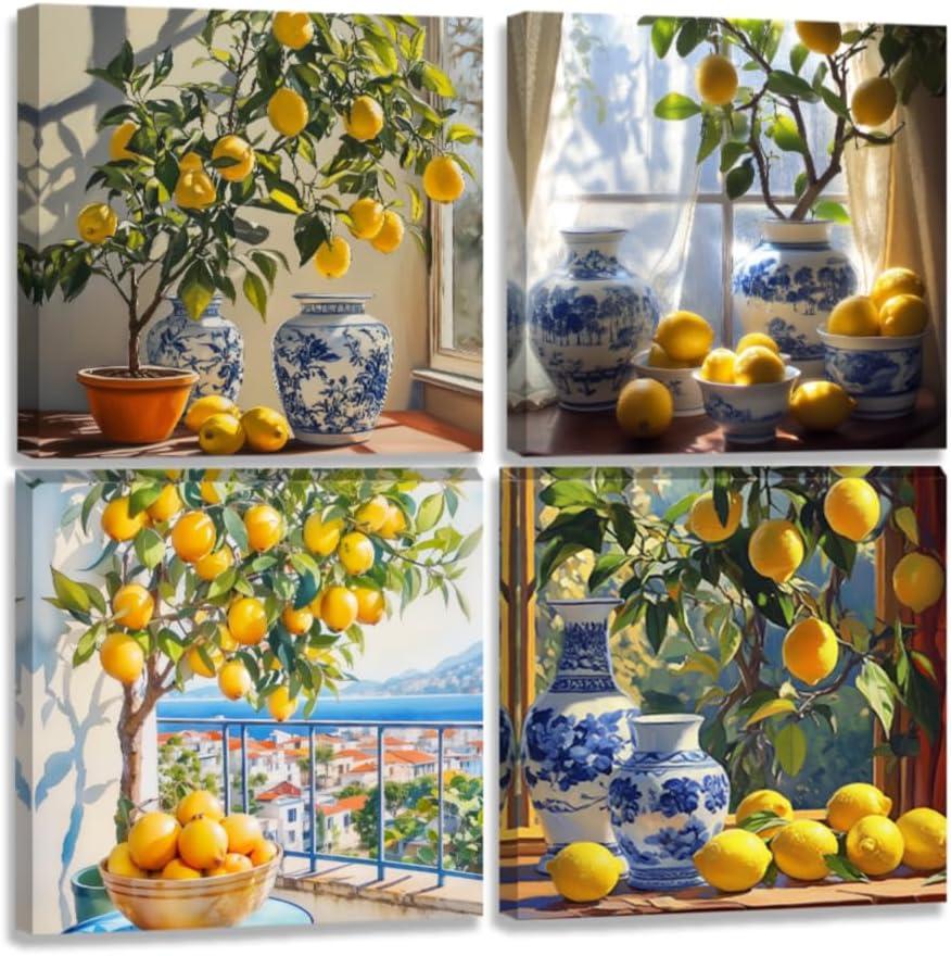 CCWORKERRY Lemon Wall Art Kitchen Pictures 4 PCS Yellow Citrus Fruit Canvas Prints Lemon Tree Paintings Dining Room Wall Decor Framed(White,12" x 12"x4P)
