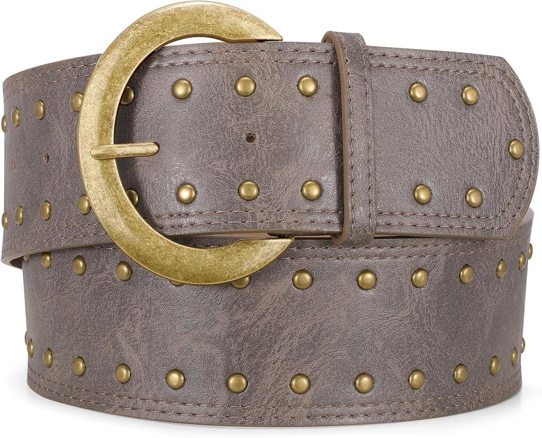 Wide Chunky Leather Belts for Women 2.3" Western Vintage Boho Studded Thick Waist Belt for Dresses (4-grey/ 2.3" Width)