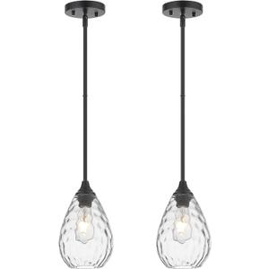Black Pendant Lights Kitchen Island 2 Pack, Modern Glass Pendant Light Fixtures with Hammered Glass and Rods, Adjustable Small Hanging Light for Kitchen Sink Dining Room Bathroom, Black + Clear Glass, 1-Light, Single, 2