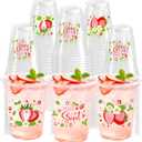100 Pcs Strawberry Plastic Cups 12 oz Red and White Strawberry Disposable Clear Fruit Cold Beverage Cups for Birthday Baby Shower Summer Party Supplies Favors