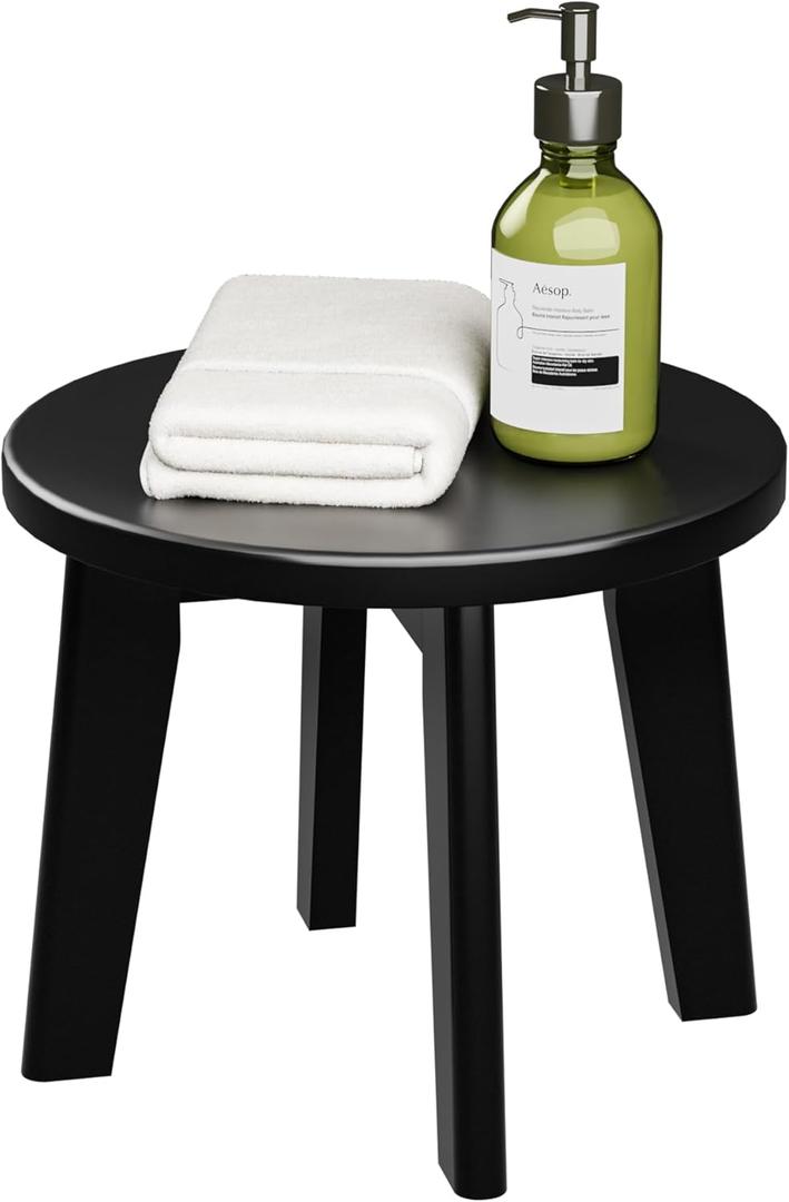 Shower Shaving Foot Rest Stool,Bamboo Step Stool for Kids Adults Small Portable Wooden Stools for Inside Shower Sturdy Stepping Spa Bench 300 Lbs in Sink Bathroom Office Plant Stand 10inch (Round) (11.22x11.22x10.04, Black)