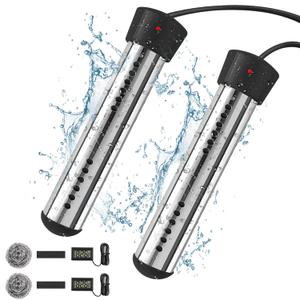 Immersion Water Heater 2Pack, Portable Electric 304 Stainless Heaters with Guard Cover - LCD Thermometer for Above Ground Inflatable Pool Tub Buckets Motorhome Camping Outdoor