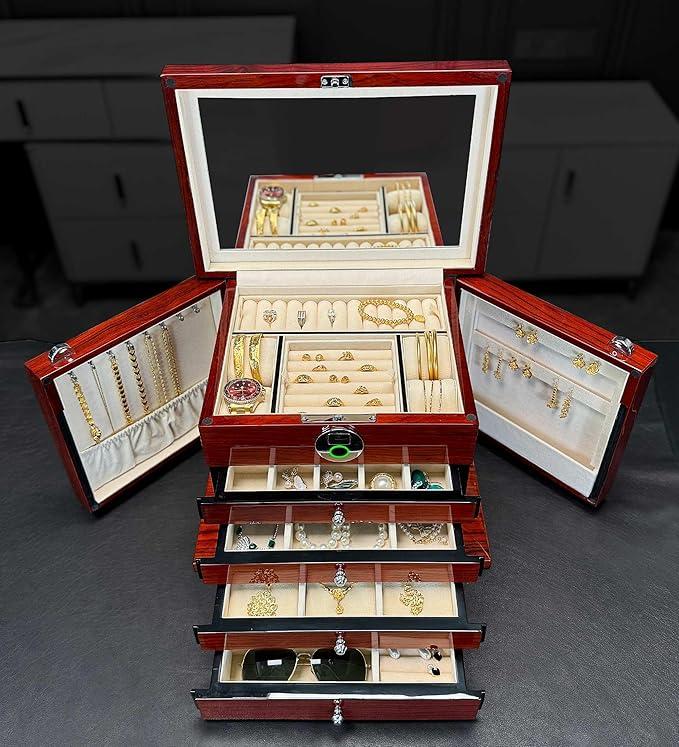 Jewelry Box Wood Jewel Organizer with Fingerprint Lock Safe, 7-Layer Large Locking Jewelry Storage Box with Necklace Hanger for Women Mens Gift (5L-RS)