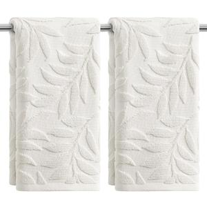 Artoid Mode 2 Pcs White 3D Leaves Jacquard Hand Towels for Bathroom, 100% Cotton Soft Absorbent Bathroom Decor Towels, 13.7 x 29.5 Inch