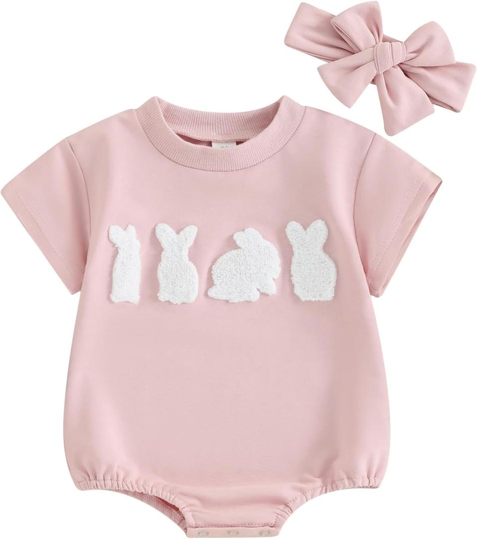 FYBITBO Newborn Baby Girl Easter Outfit Bunny Romper Short Sleeve Bodysuit Jumpsuit Headband Infant My First Easter Clothes (Pink Bunny Embroidery, 12-18 Months)