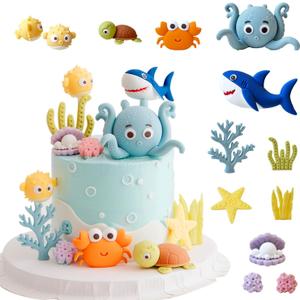 12PCS Ocean Underwater World Cake Decorations,Ocean Animals Cute Octopus, Shark & Crab Figurines for Birthday Cake Toppers (BLUE)
