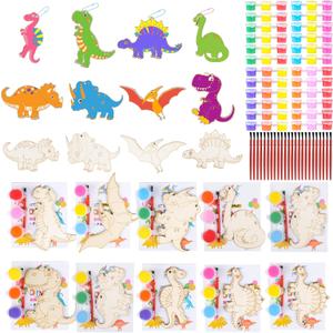 24 Pack Dinosaur Party Favors Painting Toys  Valentines Day Gifts for Kids Birthday Treat Goodie Bag Filler Classroom Exchange Gifts, Dinos Wood Keychain Paint Kits Arts Crafts for Girls Boys