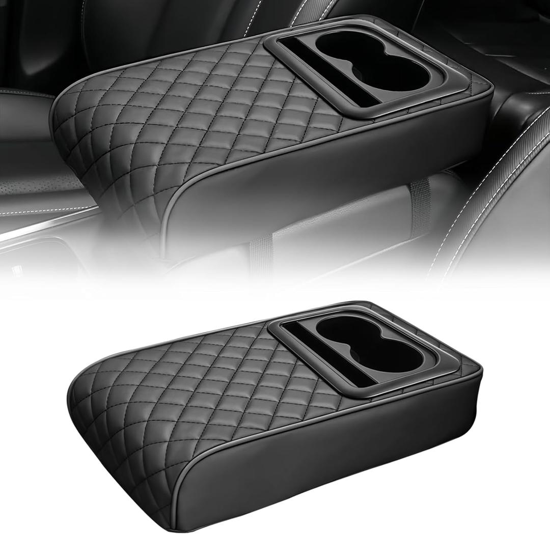 Leather Car Armrest Cup Holder Cushion, Memory Foam Car Arm Rest Cushion with Cup Holder & Phone Storage, Waterproof Ergonomic Armrest Box, 13.78" x 7.78" (Black)