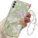 For Samsung Galaxy A16 5G Case 3D Butterfly Floral Pearls Design wtih Hand Wrist Strap, Clear Cute Bling Glitter Sparkle Aesthetic Bracelet Phone Cover for Galaxy A16 (Clear)