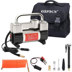 GSPSCN 6X Faster Inflation Tire Inflator Heavy Duty Double Cylinders with Portable Bag- Car AccessoriesMetal 12V Air Compressor Pump 150PSI with Adapter for Car, Truck, SUV Tires, Dinghy, Air Bed (Silver)