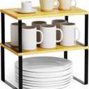 SpaceAid Cabinet Shelf Organizers 2 Pack, Kitchen Counter Rack Shelves Riser, Stackable Expandable Spice Rack, Pantry Cupboard Storage Organization (Black and Natural, Short) (11.7"W)