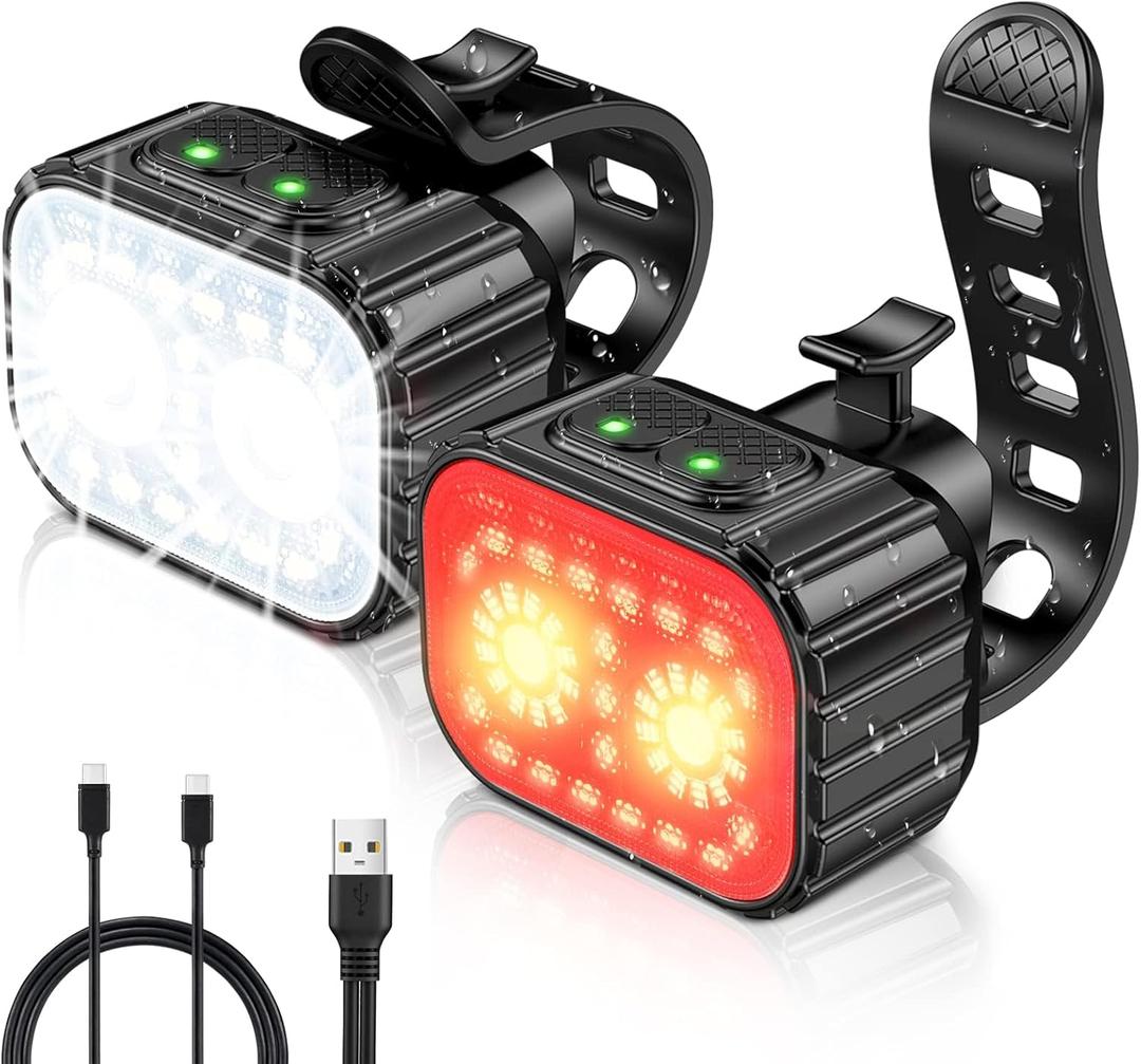 Bike Lights, Rechargeable Bicycle Lights Set Super Bright 8+12 Modes, IPX6 Waterproof Bike Lights for Night Riding/Cycling Safety, Front and Back Taillight Reflectors, 58 Hrs Long Battery Life