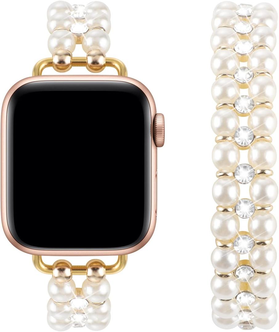 Elastic Pearl Beaded Band Compatible with Apple Watch 38mm 40mm 41mm, Woman Sparkling Bling Diamond Chain Solo Loop Stretch Bracelet Strap Replacement for iWatch Series 9 8 7 6 5 4 3 2 SE