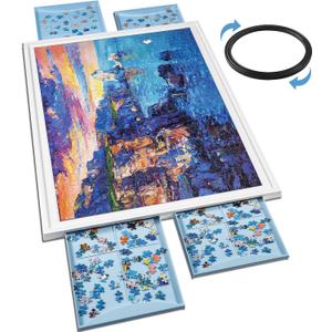 1500 Piece Puzzle Board with Drawers, 28x35 Portable Plastic Jigsaw Puzzle Table for Adults, Rotating Lazy Susan Spinning Puzzle Table, Frosted-Panel, Birthday Gift for mom