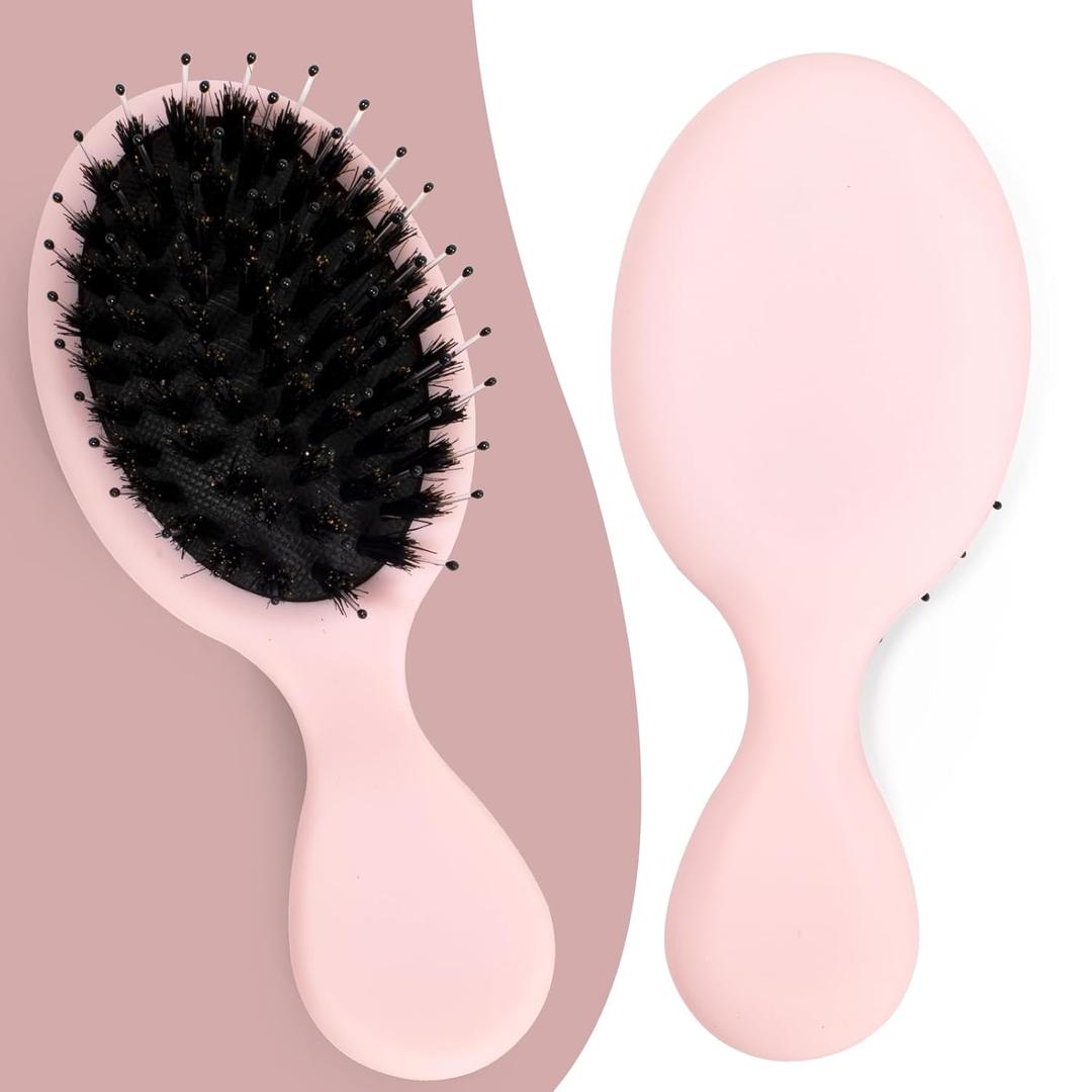 Mini Boar Bristle Hair Brush - Boar & Nylon Bristle Small Brush for Women Kids Long Short Hair to Smooth Add Shine - Travel Size Hair Brush for Purse,Pocket - Pink