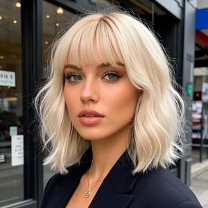 Blonde Wigs for Women Short Wavy Bob Wig With Bangs Heat Resistant Synthetic Wigs for Daily Party Cosplay Costume Wig 