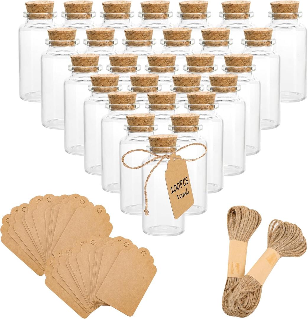 100 Pack Mini Glass Bottles with Cork 10 ml Mini Glass Vials with Cork Stoppers with Label Tags and String for Crafts Decoration Wedding Party Favors