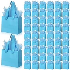 Zhanmai 100 Pcs 4.7 x 2.4 x 3.9 Inch Mini Gift Bags Bulk with Tissue Paper Kraft Paper Bag with Handle Gift Tag for Graduation, Father's Day, Birthday, 4th of July, Wedding Showers (Light Blue)
