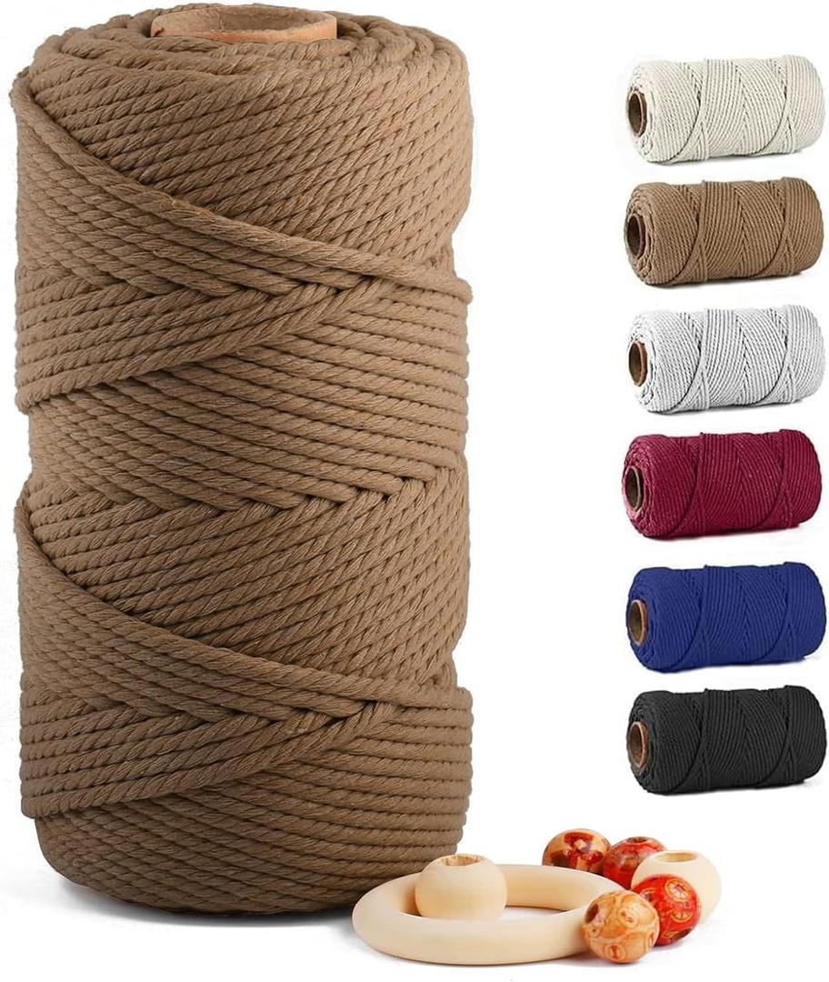Macrame Cotton Cord 6mm x 109 Yards, ZUEXT 100% Natural Handmade Colorful 4 Strands Twisted Braided Cotton Rope for Wall Hanging Plant Hangers Gift Wrapping Tapestry DIY Crafts (100m, Caramel)