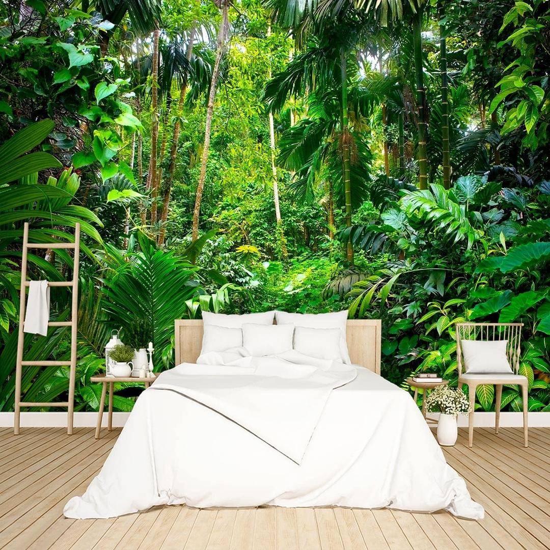 Tropical Rainforest Botanical Wallpaper Bedroom Green Leaf Plant murals Aesthetic Room Decor Living Room tv Background Large Wall Mural - 91"x65" Not Peel and Stick (B033)