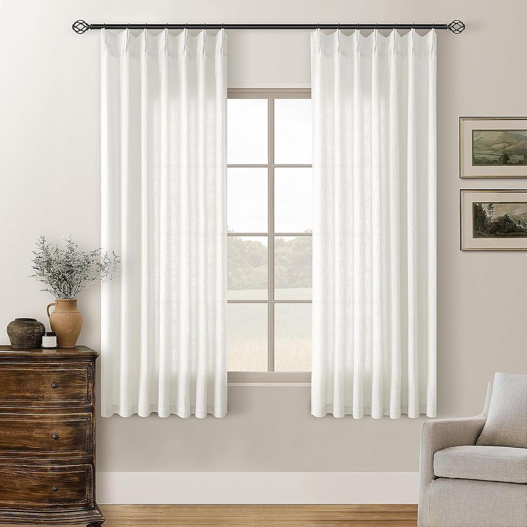 TWODRAPES Beige White Pinch Pleated Linen Curtains 63 Inch Length 2 Panels for Dining Room Kitchen Bedroom Semi Sheer Pleat Drapes with Hooks Rings Light Filtering Short Window Curtain Cabinet 40x63