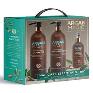 ARGAN MAGIC Hair Care Essentials Trio - Shine Boosting Shampoo | Moisturizing Conditioner | 10 in 1 Leave in Spray | Restores Shine & Elasticity | Hydrates | Detangles, (32 oz / 8 oz)