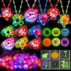 78 Pcs Halloween Party Favors, Halloween Toys Gifts for Kids, LED Rotating Bracelets Necklaces Light Up Rings Glow In The Dark Bouncy Balls Temporary Tattoos for Halloween Party Decorations Supplies