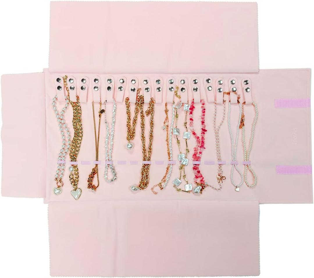 UnionPlus Velvet Travel Jewelry Roll Bag Organizer for Necklaces Only, Pink (Medium)