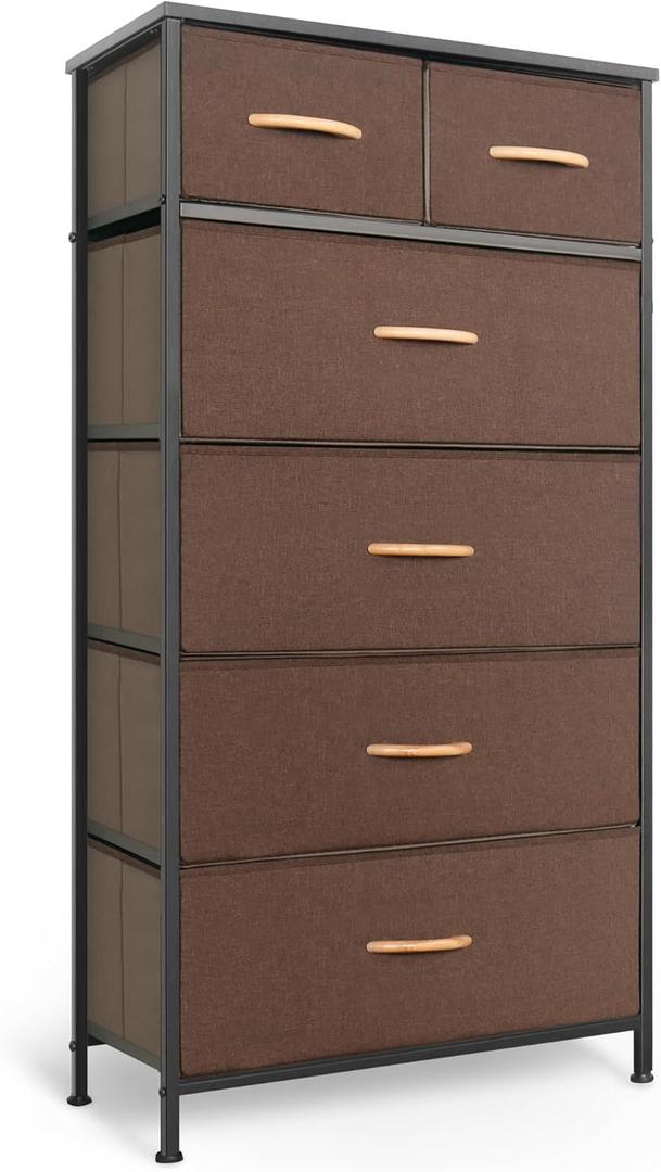 Tall Dresser for Bedroom, Vertical Storage Organizer Tower with 6 Drawers, Chest of Drawers with Fabric Bins, Steel Frame, Wood Top for Bedroom, Closet, Entryway- Brown