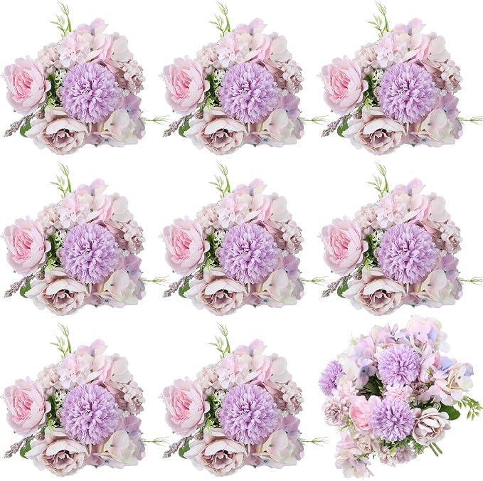 Lyrow Artificial Peony Hydrangea Flowers Bouquets Realistic Silk Fake Flowers for Wedding Table Centerpieces Home Farmhouse Decor Faux Floral Arrangement for Bridal Party DIY,Light Purple, 8 Pcs