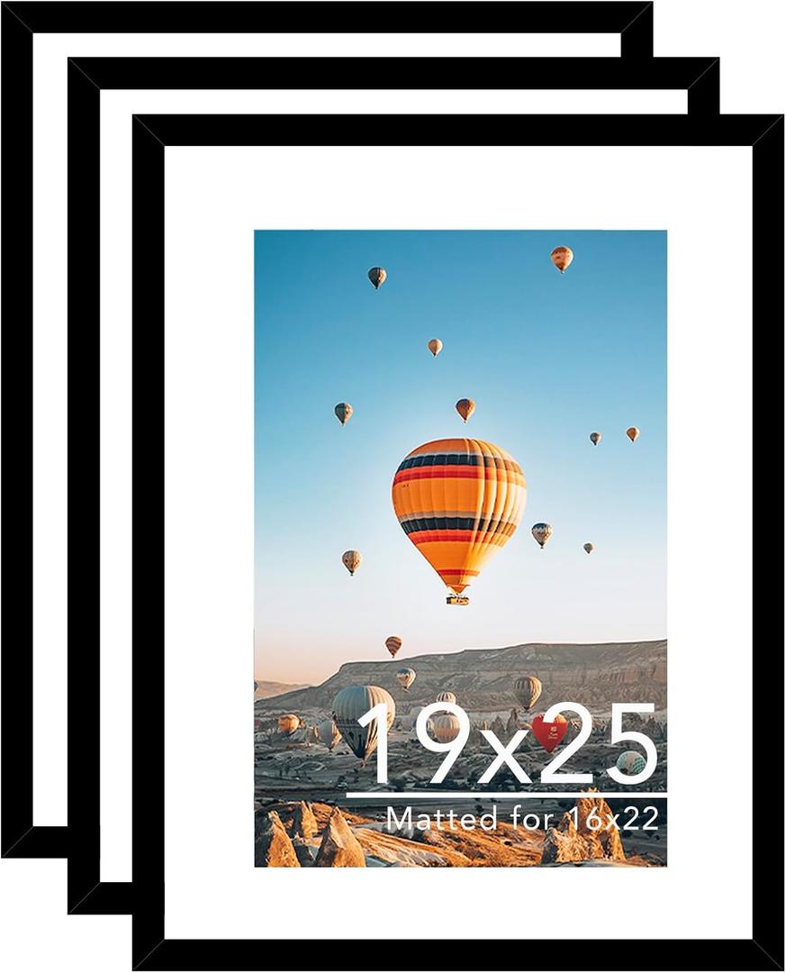 JCJMY 19x25 Picture Frame with 16x22 Mat Set of 3, Display Photo 16x22 with Mat or 19 x 25 Without Mat, Wall Hanging Large 19 by 25 Poster Frame with Plexiglass, 3 Pack, Black