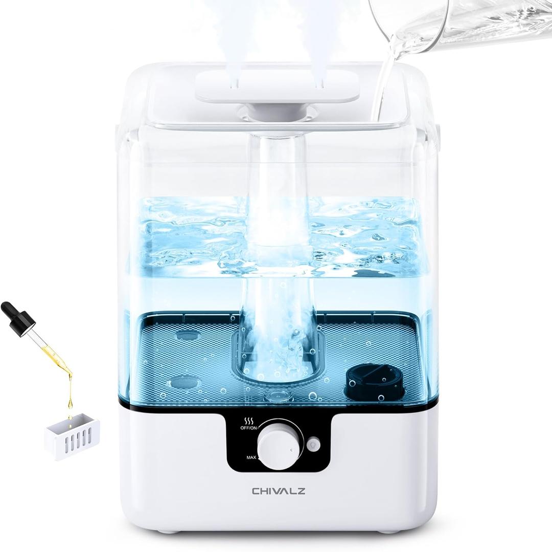 6L Humidifiers for Bedroom Large Room Home, CHIVALZ Cool Mist Top Fill Humidifiers for Baby Nursery and Plants, 26dB Quiet, Nightlight, Up to 50 Hours, Oil Diffuser 1 Pack + 2 Mist Outlets White