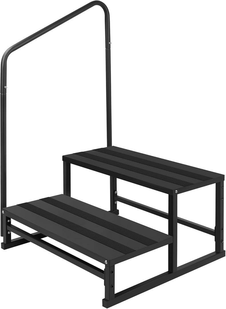 RV Steps with Handrail for Both Sides, 2 Step Stool with Handle for Elderly w/Wide Platform & Anti-Slip Mats, Portable Stairs for Hot Tub/Camper/Mobile Home/Porch/SPA Pool/Pet Stairs (2 Steps)