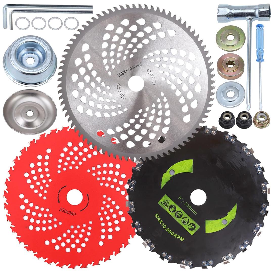 9" x 36 Teeth Carbide Tipped Blades 9" x 20T Chainsaw Tooth Cutter,10" x 80T Brush Cutter Trimmer Blades with Universal Adapter Kit, Premium Stainless Steel Trimmer Head Compatible with Cutter, Trimmer