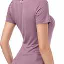 AmélieBoutik Women Deep V Neck Cross Wrap Top Slim Fitted Stud Trim Short Sleeve Blouse Top (S)