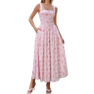 XinFSh Women's Summer Corset Midi Dress Flowy Square Neck Sleeveless Lace Wedding Guest Dresses with Pockets (Medium, Pink)