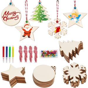 OurWarm 40pcs Wooden Christmas Ornaments Crafts for Kids, DIY Christmas Crafts Ornament Making Kit Unfinished Wood Slices with Holes, Hanging Christmas Centerpieces Decorations, 4 Styles