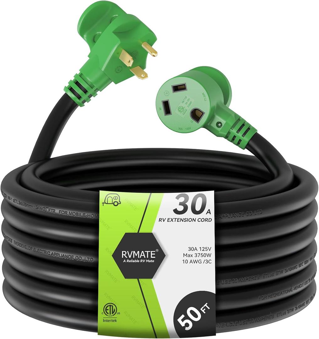 RVMATE 30 Amp 50 Feet RV Power Extension Cord with Easy Plug-in Handle, TT-30P to TT-30R, LED Indicator, 10 AWG, ETL Listed