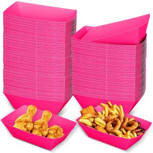 Uiifan Paper Food Boats Disposable Paper Food Tray Grease Resistant Disposable Serving Tray Cardboard Hot Dog Holder for Burgers Fries Sandwiches Picnic Party (Pink,4.9"x3"x2")