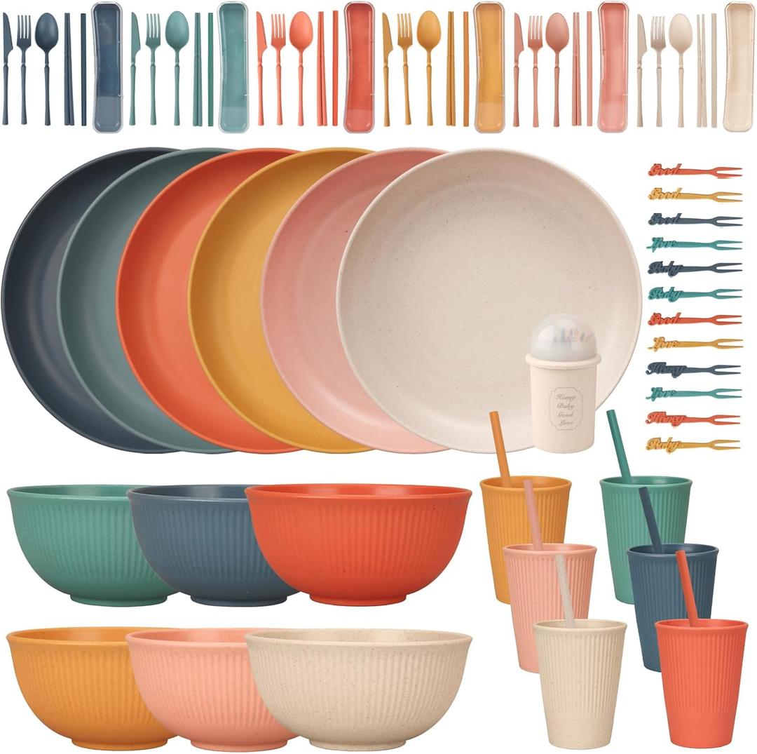 66 Pcs Dinnerware Sets, Unbreakable Plates and Bowls Sets, Reusable Dinnerware Sets for 6 People, Travel Camping Picnic Home Party Cutlery Set, Dishwasher Microwave Safe Dishes (6 Dark Color)