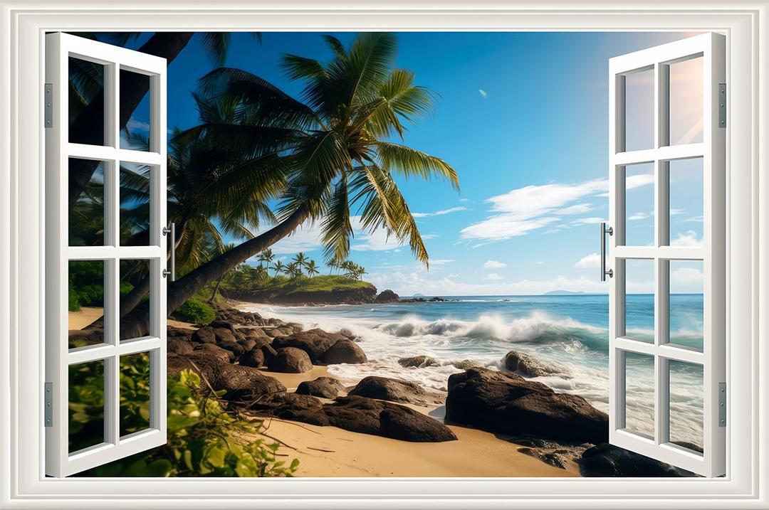 3D Self-Adhesive Painting Fake Window Wall Stickers Tropical Island with Palm Trees Wall Mural Window View Wall Decor for Home (A, 36"24")